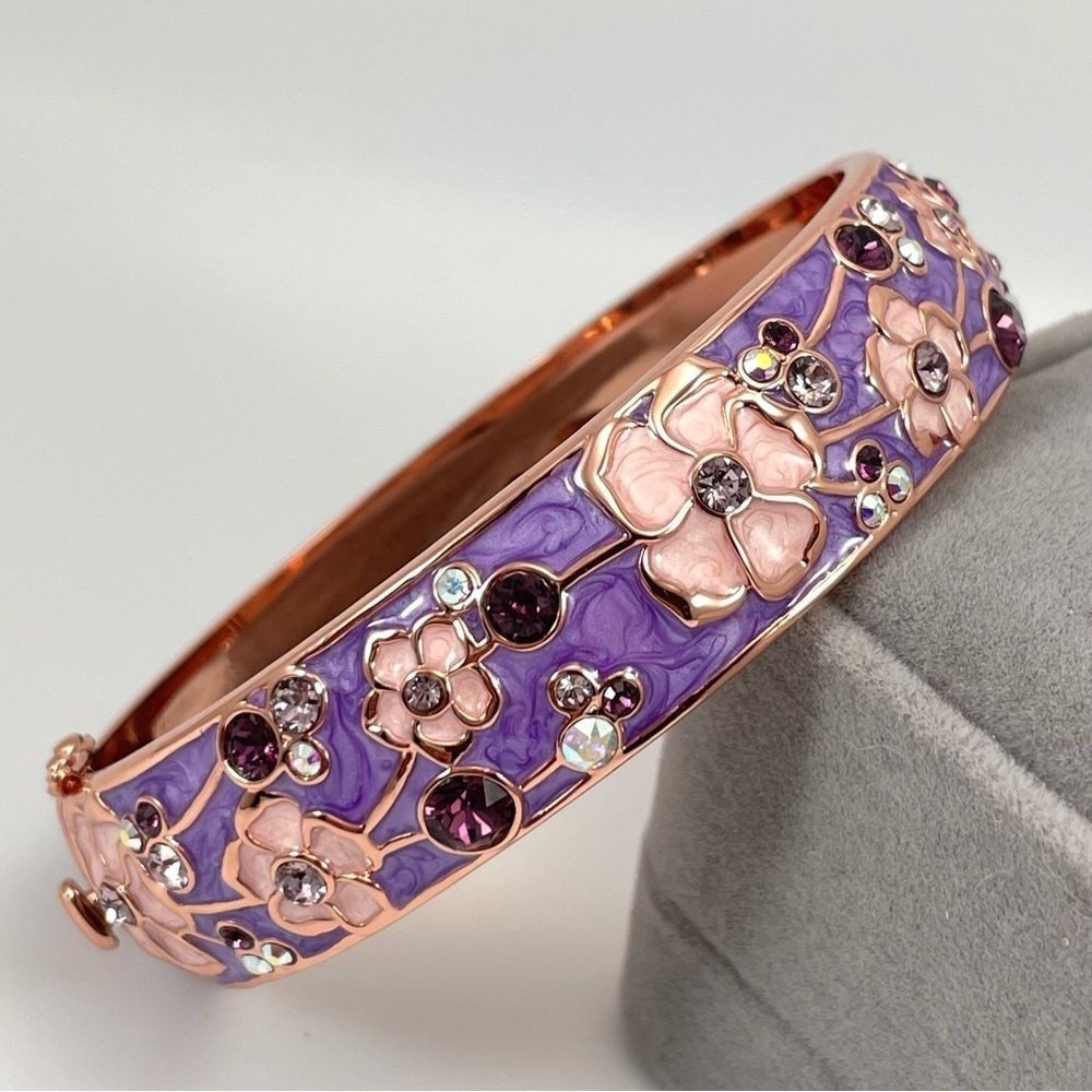 Danbury Mint Cherry Blossom Copper Magnet Bangle Bracelet Hinged Enamel Purple